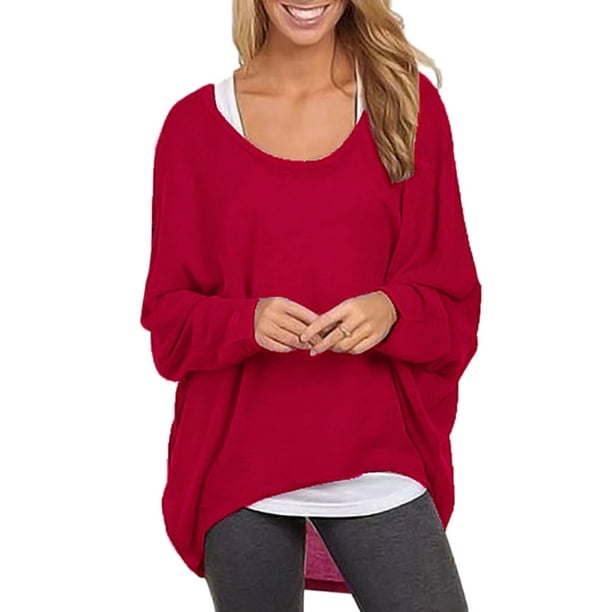 US Womens Ladies Dolman Sleeve Sweater Loose Oversized Knit Jumper Pullover Tops 